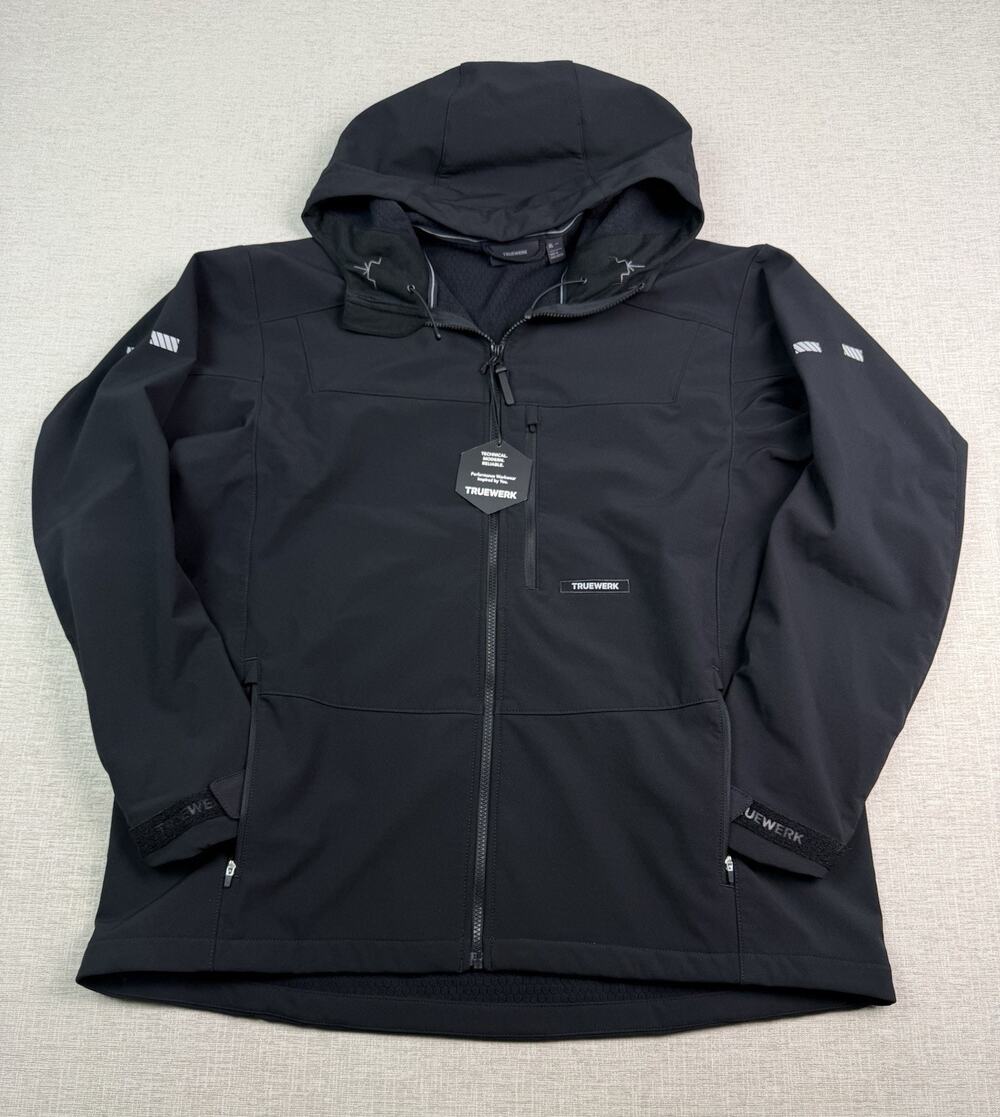 Truewerk Softshell Jacket Men’s XL Black Hooded Full Zip Stretch Workwear NWT